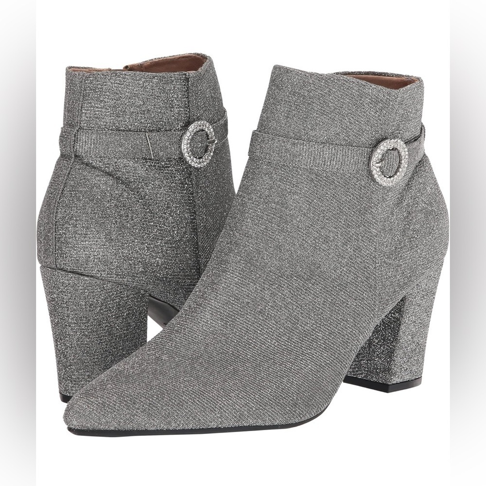 Life Stride Pewter Shimmer Pointed Toe Block Heel Silver Ankle Boot Bootie - Picture 3 of 13
